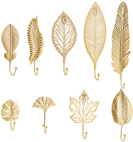 BENECREAT 9pcs Decorative Leaves Iron Hooks, 9 Style Feather/Maple Leaf Wall Mounted Hangers Gold Coat Hooks for Hanging Key, Towel, Coat, Photo Frame, Hat, Bag and Umbrella