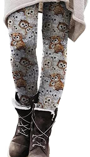 Onsoyours Winter Leggings Stretch Damen Gefüttert Hosen Sporthose High Waist Drucken Freizeithose Verdicken Warme Winterhose Dicken Skinny Jogginghose Laufhosen D Eule M