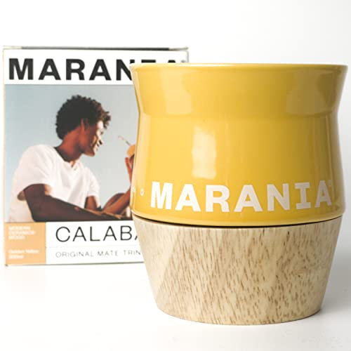 MARANIA Mate Becher aus Keramik & Holz mit 300ml - Yerba Mate Tee Tasse im einzigartigen Design in 5 Farben - Spülmaschinenfest - Yerba Mate Tee Becher Kalebasse Calabaza Kürbis Gourd (Golden Yellow)
