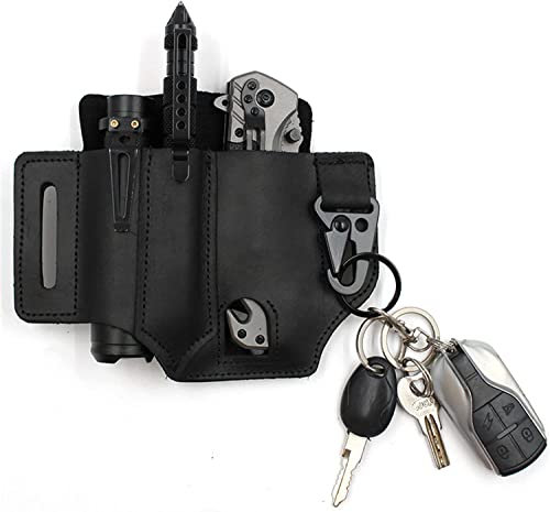 Multitool Sheath for Belt, Leather EDC Pocket Microfiber Leather which Organizer with Pen Holder, Key Fob, Flashlight Sheath, for Men Gifts (Black)