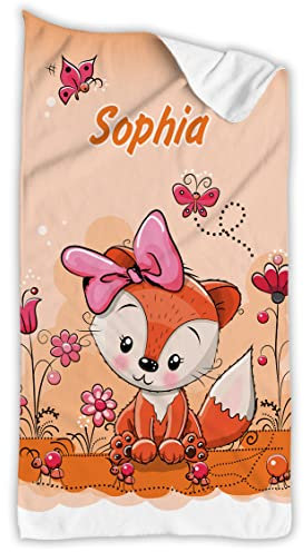 Unikatolo Kinder Badetuch Fuchs Mädchen personalisiert mit Name Handtuch Strandtuch orange vollflächig Bedruckt personalisiert Ostern Geburtstag Fotogeschenk (70 x 140 cm)