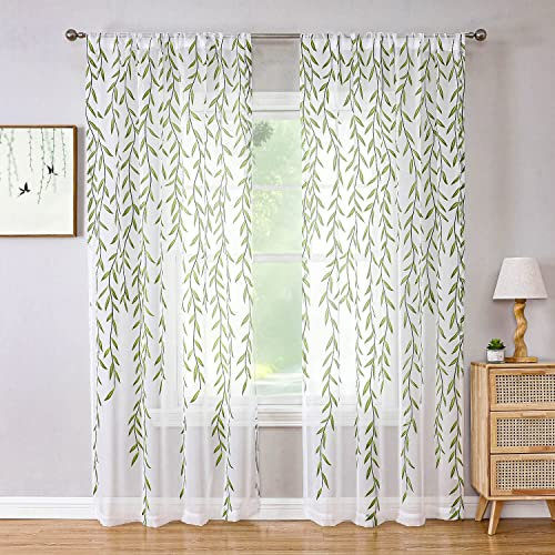 BROSHAN Printed Sheer White Curtain Set of 2, 108 inch Sheer Leaf Curtain Panels Green Vine Window Sheers Plant Voile Tulle Curtains for Bedroom Living Dining Room Sunroom Sliding Door