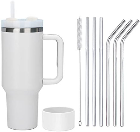 Moollyfox 1200 ml Doppelwandiger Edelstahl Vakuum Isolierbecher mit Griff Upgrade Kaffeetasse Becher 40 oz Reisebecher Autobecher Thermobecher mit Strohhalm aus Edelstahl und Silikonabdeckung Weiß
