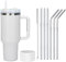Moollyfox 1200 ML Tasse Isotherme à Double Paroi en Acier Inoxydable avec Poignée Tasse à Café Voyage Voiture avec Paille en Acier Inoxydable et Couvercle en Silicone Blanc