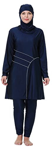 IWEMEK Burkini Damen Muslim Große Größen 3tlg Set Rash Guard Langarm Ganzkörper Schwimmanzug Schwimmkleid + Schwimmhose + Hijab Badeanzug Islamische Schwimmkleidung UV Schutz Marineblau 02 4XL