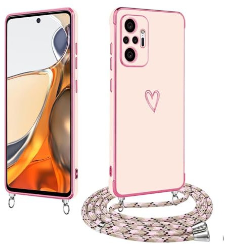LENGRACE para XiaoMi RedMi Note 10 Pro Patrón Corazón Funda,Borde Dorado Silicone TPU AntiChoque para Niñas Mujeres Funda con Cuerda-Rosado