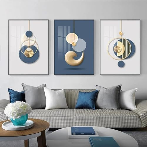 ICOMPY Triptyque, peintures sur toile abstraites géométriques bleu blanc, impressions et affiches murales pour décoration de salon, maison, 20x28 pouces (50x70cm) x3 sans cadre