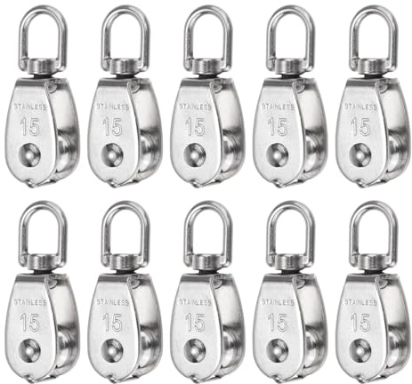 sourcing map 10pcs M15 Single Pulley Block, 304 Stainless Steel Hanging Wire Towing Wheel, Lifting Crane Swivel Hook, Rope Cable Pulley Roller