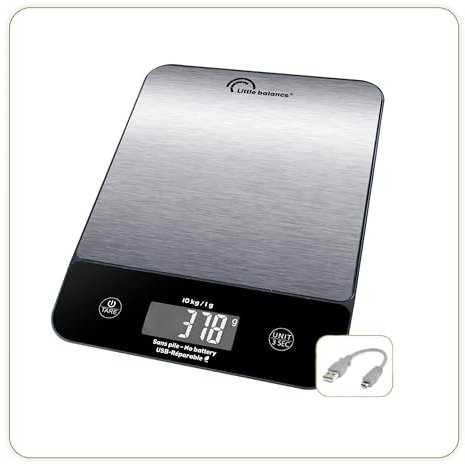 LITTLE BALANCE 8711 Happy Genius 10 Inox, Balance de cuisine sans pile, rechargeable USB-C, Réparable, 10 kg, Inox