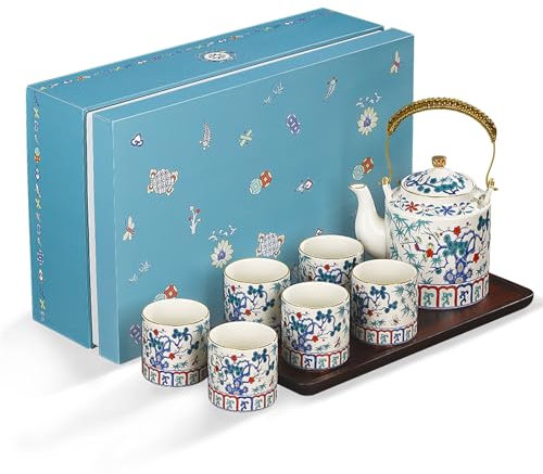 fanquare Set da Tè Cinese Teiera e Tazze in Porcellana Colorata di Prugna Bambù Pino con Infusore per Adulti Regali, Una Teiera con 6 Tazze