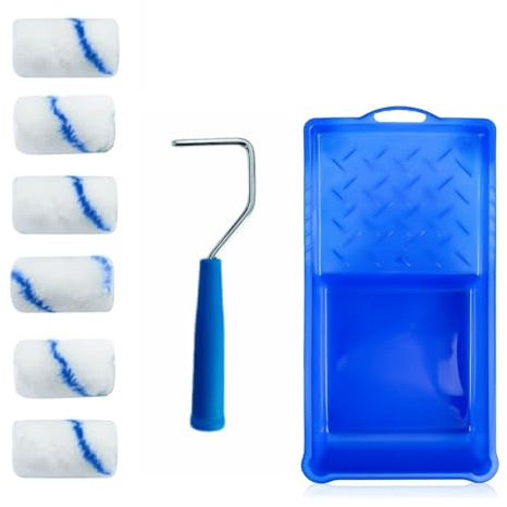 BDHYYM - Juego de rodillos de pintura para pared (tamaño pequeño, 6 rodillos de pintura azul-blanco, 1 bandeja de pintura, 1 marco, para habitación familiar, decoración arquitectónica, suministros de