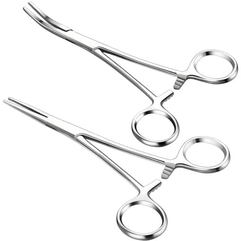 Yiqicomle Pinzette dritte e curve, in acciaio inox, per cani, orecchie di gatto, per pesca, toelettatura di animali domestici, arte, artigianato (12,5 cm, argento)