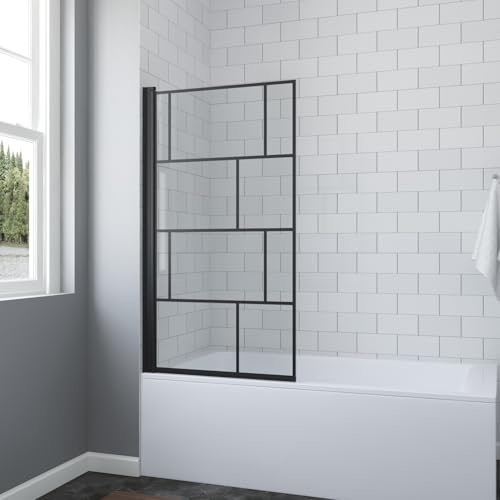 Badewannenaufsatz ohne bohren Schwarz matt Dekor Kariert 80 x 140 cm Black Style Duschtrennwand für Badewanne Duschwand Glas Dusche 1 Teilig aus 5 mm ESG Echtglas Nano Beschichtung