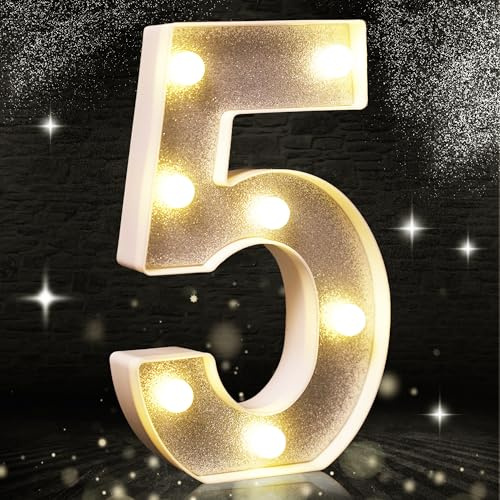 Silberfarbene Glitzer-Dekoration mit LED-Licht, Zahl 5, geeignet für Geburtstagsparty-Dekoration, Babyparty, Hochzeitshintergrund, Heimdekoration, 21,6 cm, silberfarbene Zahl 5 (warmweiß)