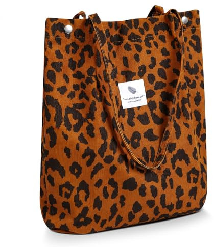 iophi Umhängetasche Damen Groß, Cord Tasche Damen Tote Bag Handtasche Beutel Lässige Stofftasche für Alltag, Büro, Schulausflug, Einkauf - Ultraleicht Umhängetasche Einkauftasche (Leopardenmuster)
