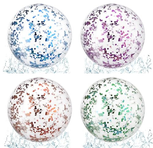 Vyuwast 4 palline da spiaggia gonfiabili glitterate da 37 cm, trasparenti, con coriandoli e paillettes, per piscina all'aperto, spiaggia, nuoto, feste di compleanno estive