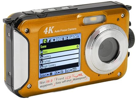Underwater Camera - 4K 56MP HD 10ft Digital Camera with Dual Screen, 16X Digital Zoom, Auto Focus & 64G Memory Card, 2 x 1250mAh Battery Type C (Yellow)