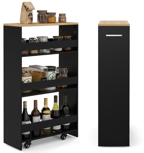 COSTWAY Nischenwagen 20cm breit, 4 Etagen Küchenwagen schmal, Nischenregal auf Rollen, Servierwagen mit Griff & Geländern, Badregal Holz, für Küche, Badezimmer, 47,5 x 20 x 80,5 cm (Schwarz)