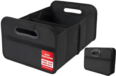 XIAOHILL Foldable Reinforced Base Car Boot Organiser, Black | Waterproof, Multi-Compartment Storage Box, Collapsible & Space-Saving, Durable Handles, Reinforced Base, for Car, SUV & Lorry