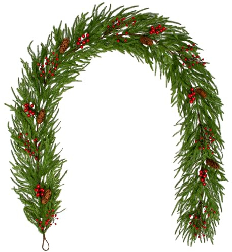 270cm Weihnachtsgirlande Norfolk Tannengirlande Deko mit Tannenzapfen und roten Beeren Weihnachtliche Norfolk-Kieferngirlande für Kaminsims, Treppe, Fenster, Feiertagsdekoration