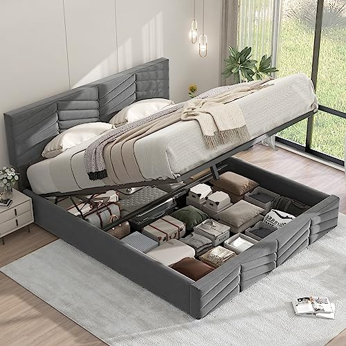 Zepneiy Lit Double 160x200 avec Sommier, Lit Coffre 160x200 avec tête de réglable en Hauteur, avec à Lattes, Cadre de Rembourré Moderne en Velours Gris(sans Matelas)