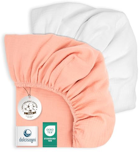 DOLCI SOGNI Drap Housse 70x140 Lit Bébé - Draps Cotton Mousseline Ultra Doux et Respirants pour Peau Délicate Oeko-TEX® 100 – Lot de 2 – Fabriqué en Espagne - 1 X Rose + 1X Blanc