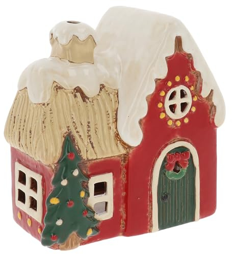 Shudehill Giftware Christmas Village Ceramic Tealight Houses, Red and White Xmas designs, plenty of designs to choose from (Round Windows Style)