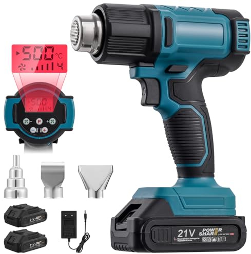 Worshow Kit pistola ad aria calda con 2 batterie e 3 ugelli, controllo del flusso d'aria a 4 livelli, riscaldamento rapido e protezione da surriscaldamento, 500 ℃ senza fili per tubi termoretraibili e