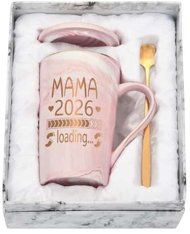 Diztoud Kaffeetasse Geschenke für Schwangere, Schwangerschaft Geschenk Weihnachten, Geschenke für werdende Mütter, Mama Loading 2026, 400ML Keramik Marmorbecher mit Deckel, Löffel und Geschenkbox