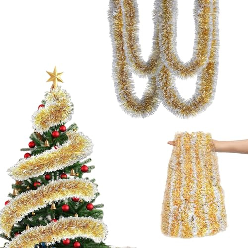 Rehecher Girlande Weihnachten Gold 10m – Glänzend Lamettergirlande, Weihnachtsbaumschmuck Girlande & Weihnachten Deko, Einfache Formung für Weihnachtsbaum Dekoration (Innerer Metalldraht)
