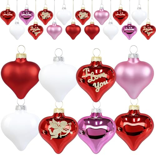 16 Pack Valentine's Day Tree Glass Heart Ornaments 2.8 Glitter Red Pink White Valentines Day Ornaments Heart Shaped Baubles for Romantic Valentine Gift Anniversary Wedding Holiday Hanging Tree Decor