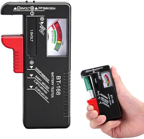Tester Batterie BT-168 Universale AA AAA C D 9V – Misuratore Analogico Senza Alimentazione con Scala Colorata – Strumento Compatto per Giochi, Telecomandi e Uso Domestico