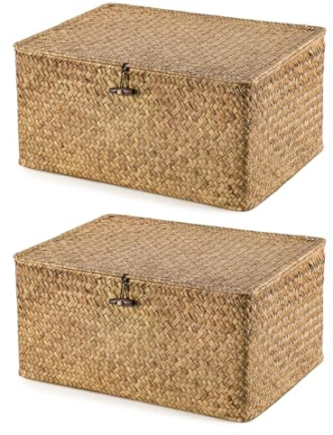 SUNNYNEST Storage Boxes with Lids 40x28x19cm Seagrass Storage Basket with Lid Woven Wicker Desktop Basket Gift Hamper for Living Room Decorative Bathroom (2-Brown)