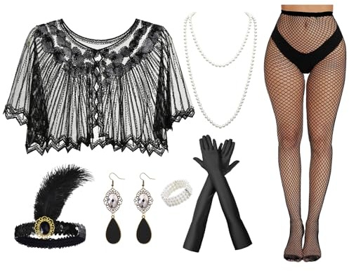 7-teilig Great Gatsby Accessoires Set,20er Jahre Kostüm Accessoires Damen,1920er Jahre Kostüm,Enthält:Stirnband,Handschuhe,Ohrringe,Halskette,Strümpfe,Schal,Armband,für Halloween,Weihnachten