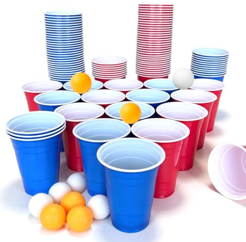 SEDEX Bierpong Becher Set 100 Stück Plastikbecher mit 10 Bällen Hartplastik Partybecher für Camping Geburtstag Hochzeit Weihnachten Festival Party Trinkspiele 16oz 473ml(50Rot + 50Blau)