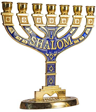 JL Kippha's Goldener Jerusalem-Kerzenhalter, dekorativ, Judaica, 7 Zweige, Shalom, Israel, Menora, jüdisches Festival, 10 x 10 cm