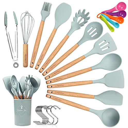 ELECTRAPICK Kitchen Utensil Set Silicone Cooking Utensils - 27 Pieces Cooking Spatula Turner Heat Resistant Tools with Wooden Handle for Nonstick Non Scratch Cookware - Best Kitchen Tool Gadgets