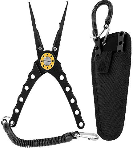 LIXADA Fishing Pliers Saltwater Aviation Aluminum with Sheath and Lanyard - Braid Cutters Split Ring Pliers Hook Remover Line Cutting Stainless Steel Jaw Fish Holder, Durable & Lightweight
