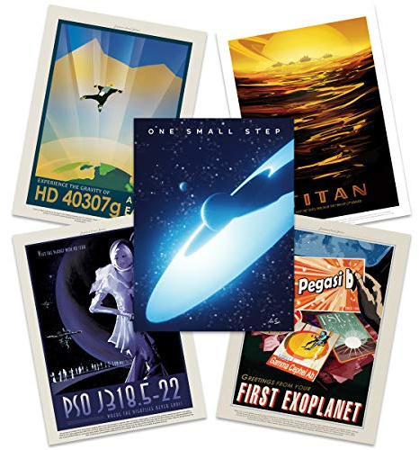 Artery8 NASA Space Grand Tour Travel Exploration Exoplanet Art Print Poster Home Decor Premium Pack of 5 - includes Custom 50th Anniversary Apollo 11 Moon Landing Print Platz Reise Zuhause Deko Mond