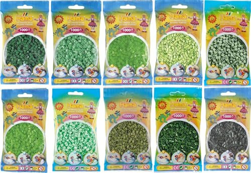 Hama Midi Bügelperlen Konvulut Grün (Grün 10,Hellgrün 11,Dunkelgrün 28,Neon Grün 37,Fluor Grün 42,Pastell Grün 47,Helle Olive 84,Pastell Mint 98,Eucalypt 101,Waldgrün 102) + Anleitung 3 Design Vorlag