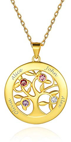 Custom4U Collier Argent 925 Personnalisé 4 Prénoms pour Femme Pendentif Arbre de Vie Plaqué Or