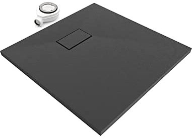 SMC BOREAL Duschwanne 80x80 cm, Extra Flache und Robuste Duschtasse 26MM Mit Anti-Rutsch-Oberfläche In Schieferoptik/Steinoptik - Schwarz, Inkl. Ablaufgarnitur Mit Deckel