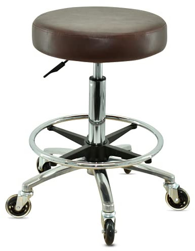 VAKON SALON - Premium Rollhocker braun mit Fußring - Höhenverstellbar von 55-75 cm - Rundsitz Drehhocker Arbeitshocker Praxishocker