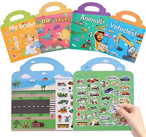 Kqpoinw 4PCS Wiederverwendbare Statische Aufkleberbücher kinder Aufkleber Bücher Lernspielzeug für 3 4 5 6 Alter Kind Erziehen Spielzeug Junge Mädchen Lernspielzeug Aufkleber Spielset