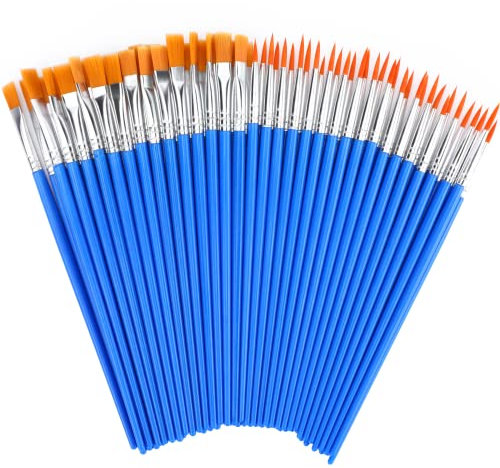 Augshy 60 Stück Pinsel Set, 30 Stück Runde und Flache Pinsel, Kunstmalerei, Blau, Silber, Braun, 7mm