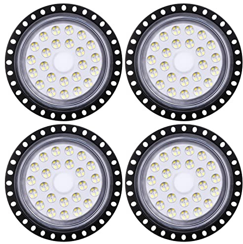 Omprar 4 Stücke 100W LED UFO Industrielampe,10000LM LED Hallenstrahler,LED High Bay Licht mit Kaltweiß 6000-6500K, Abstrahlwinkel 120° für Deckenleuchte, Hallenbeleuchtung, Werkstattbeleuchtung