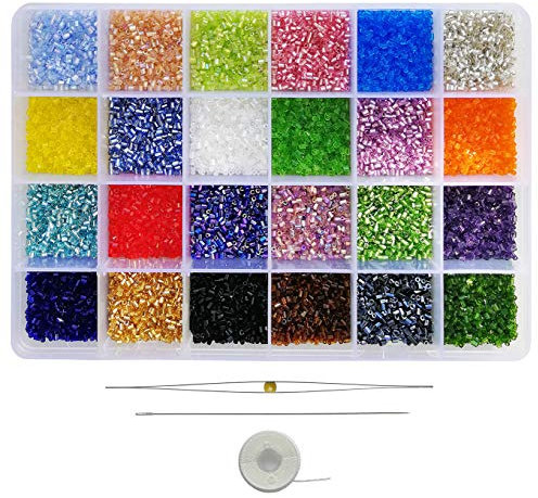 Bala&Fillic Perles de rocaille en verre Bugle 24 couleurs Environ 21600 pièces dans une boîte, taille 11/0 Perles de rocaille en verre pour la fabrication de bijoux, hexagone 2 x 2,2 mm