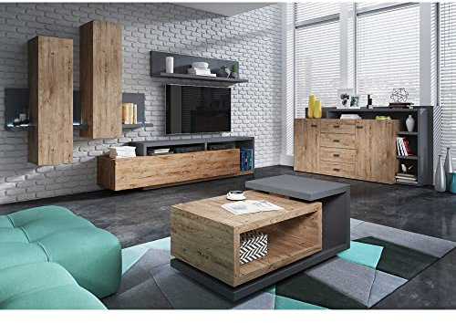 Lomadox Wohnwand inkl. Sideboard Couchtisch und LED Beleuchtung in Eiche Ribbeck Nb. mit Absetzungen in anthrazit, B/H/T: ca. 300/200/45 cm