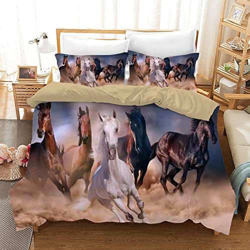 AVJWWD Set di biancheria da letto per cavalli con stampa 3D, in morbida microfibra, con motivo cavalli, con chiusura lampo e federa, per bambini, ragazzi, ragazzi e ragazzi (135 x 200 cm, Five Horses)