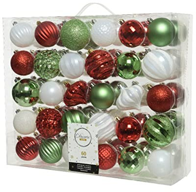 Kaemingk Weihnachtskugeln Kunststoff 6-7cm x 60 Stück Ornamente Mix Christbaumkugeln Set rot weiß grün